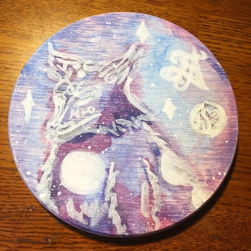 Diatomaceous earth cup coaster with water color painting of a moon spirit wolf